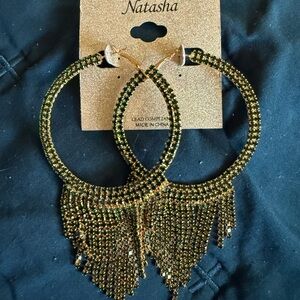 Natasha Couture Gold and Green Hoop Fringe Earrings